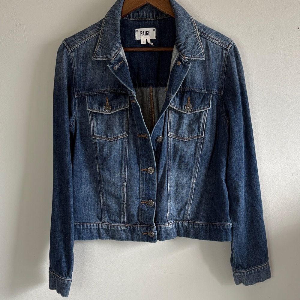 PAIGE Denim Jacket Medium Blue Distressed Button Front Trucker M